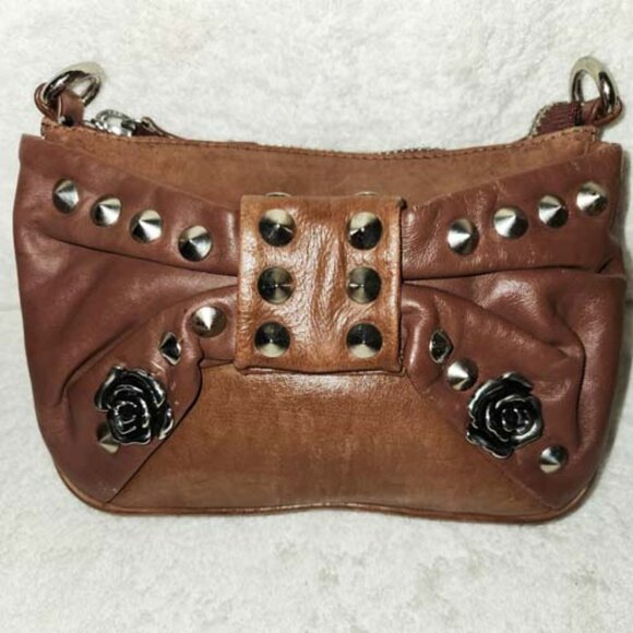 BETSY JOHNSON BROWN LEATHER CROSSBODY HANDBAG, 1 INSIDE ZIP & 1 SLIP POCKETS 9X6 - Picture 1 of 6